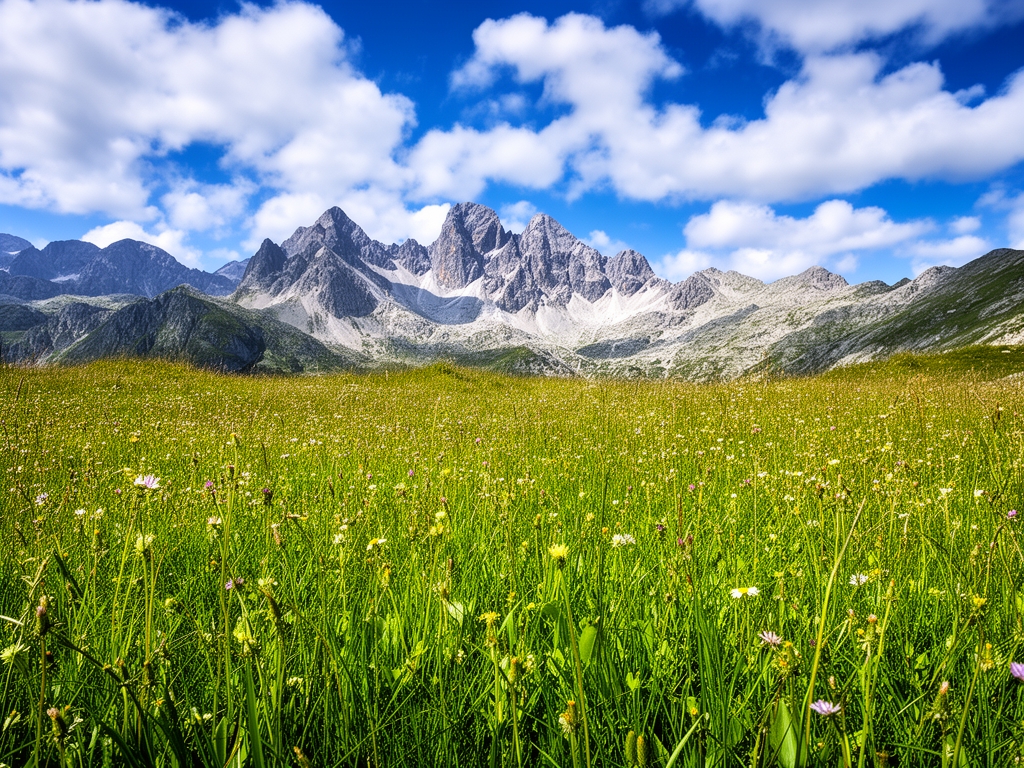 Panoramiczny widok na dzikie górskie łąki z kwitnącymi roślinami zielnymi, skaliste szczyty w tle i błękitne niebo z białymi chmurami w słoneczny dzień