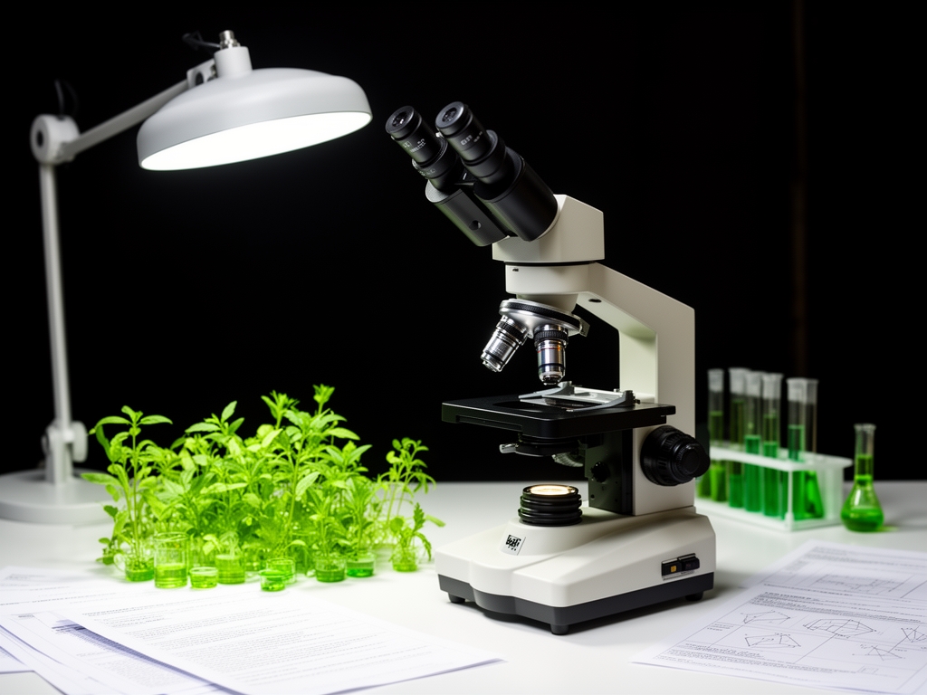 Mikroskop laboratoryjny na białym blacie obok zielonych próbek roślinnych i notatek naukowych, oświetlony precyzyjną lampą laboratoryjną tworzącą kontrast z ciemnym tłem