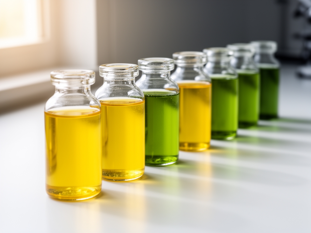 Szklane fiolki z żółtymi i zielonymi ekstraktami roślinnymi ustawione w rzędzie na białej powierzchni laboratoryjnej z naturalnym bocznym oświetleniem