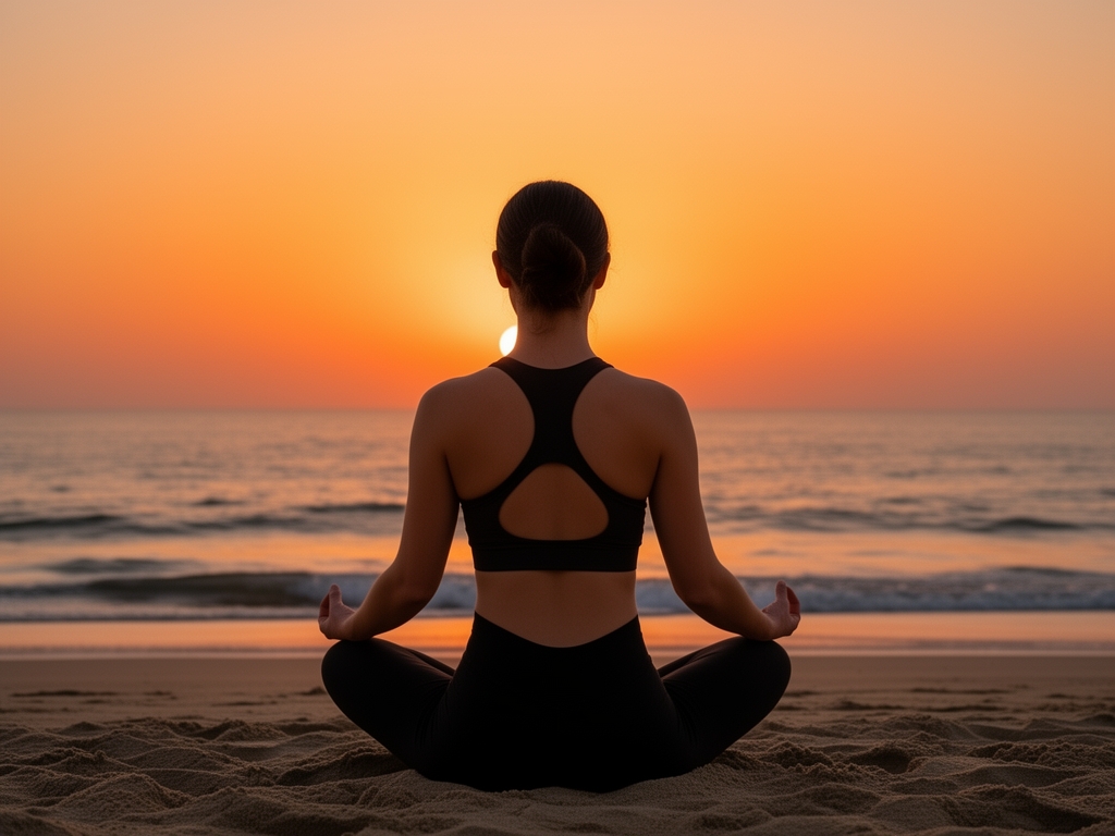 Sylwetka osoby siedzącej w medytacji na tle zachodzącego słońca na plaży, spokojne morze i pomarańczowe niebo tworzą atmosferę wyciszenia i skupienia