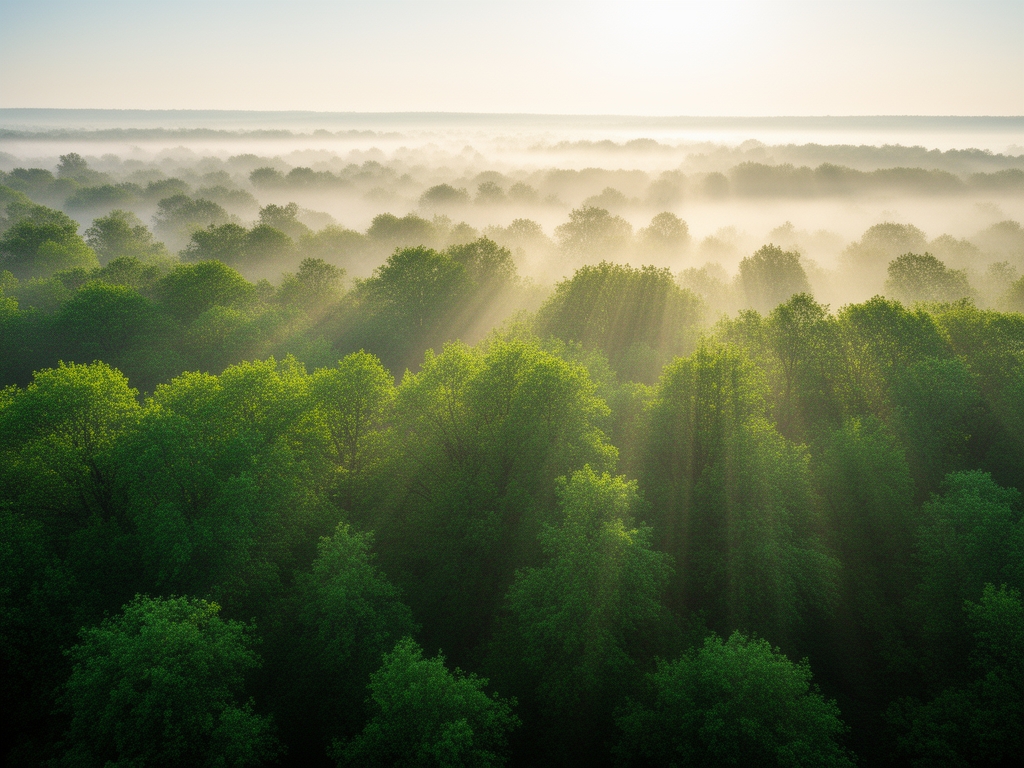 Rozległy zielony las z mgłą unoszącą się nad koronami drzew o świcie, promieniowanie słoneczne przenika przez liście tworząc mistyczne promienie