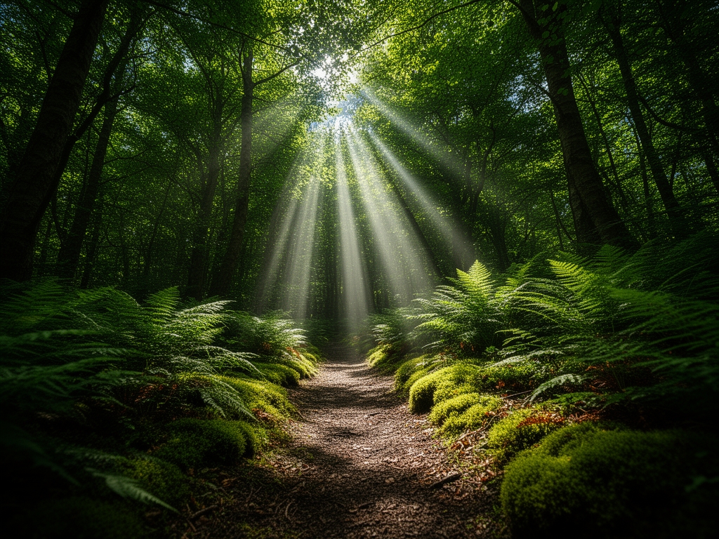 Ścieżka przez zielony las widziana z dołu, promienie słoneczne przebijają się przez gęstą koronę drzew, tworząc dramatyczny efekt świetlny na mchach i paprociach
